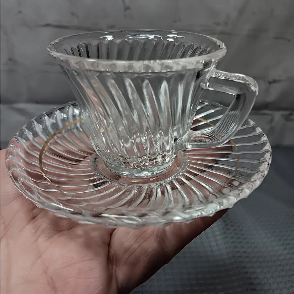6 FEDERAL GLASS Clear Diana Pattern Swirl Demitasse Cup & Saucer Sets Depression